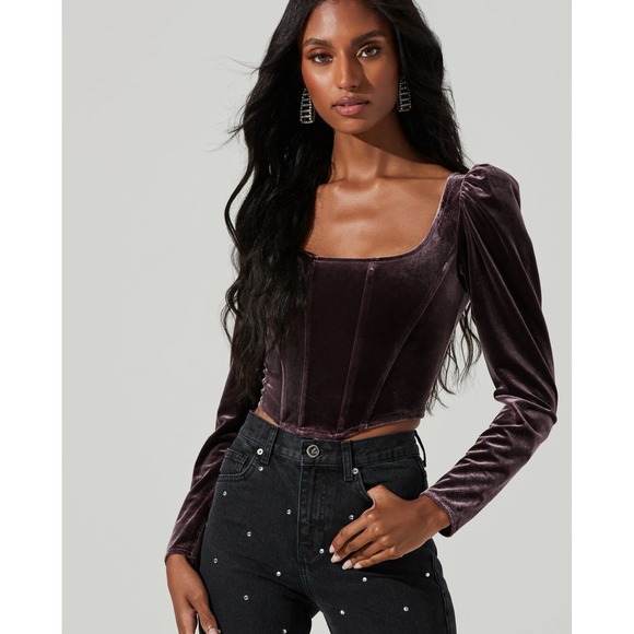 ASTR the Label Ashbury Long Sleeve Corset Velvet Top Raisin Color Size Small NWT - Picture 1 of 11